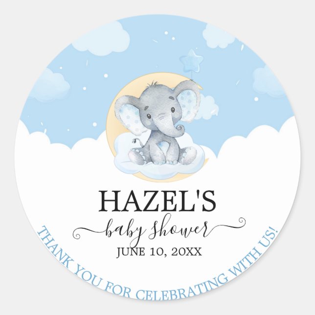 Sticker Rond Remerciement pour Baby Shower Moderne Éléphant Ble (Devant)