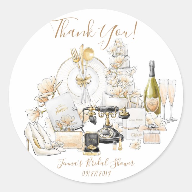 Sticker Rond Remerciement pour une douche de mariage en or (Devant)