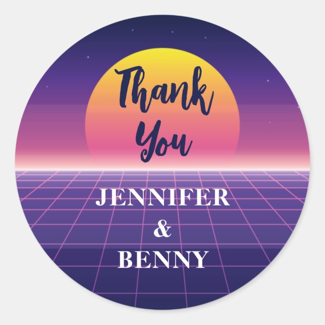 Sticker Rond Remerciement Rétro Néon Violet Synthwave Coucher d (Devant)