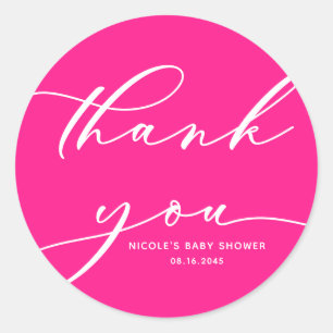 Sticker Rond Remerciements de Baby Shower Calligraphie Rose Cha