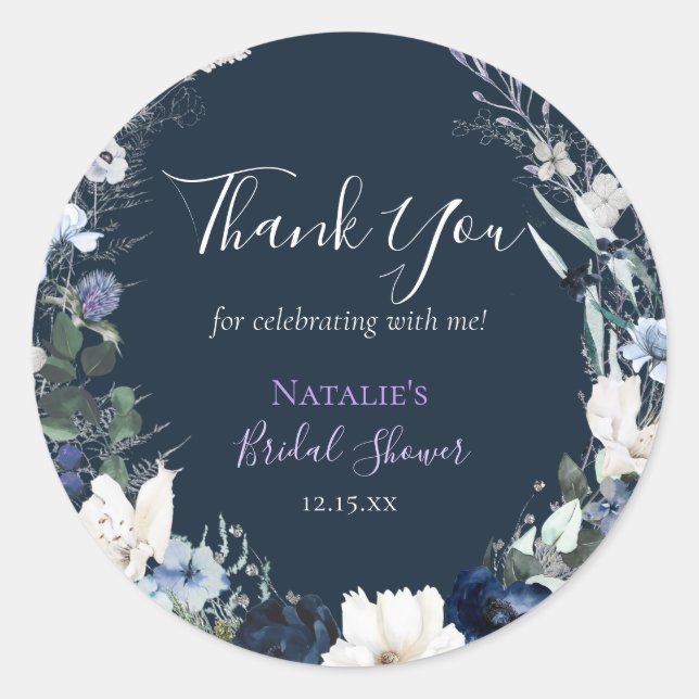 Sticker Rond Remerciements de Baby Shower de Mariage Fleur Bleu (Devant)