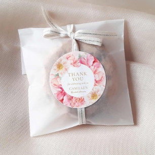 Sticker Rond Remerciements Élégants pour Baby Shower Rose Flora