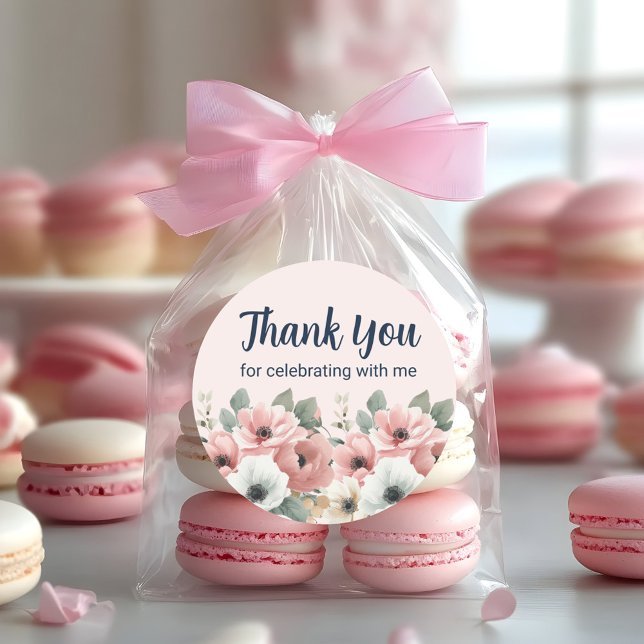 Sticker Rond Remerciements Floraux Aquarelle Blanc Rose (Pink and white floral birthday party favor bag "Thank You" sticker)