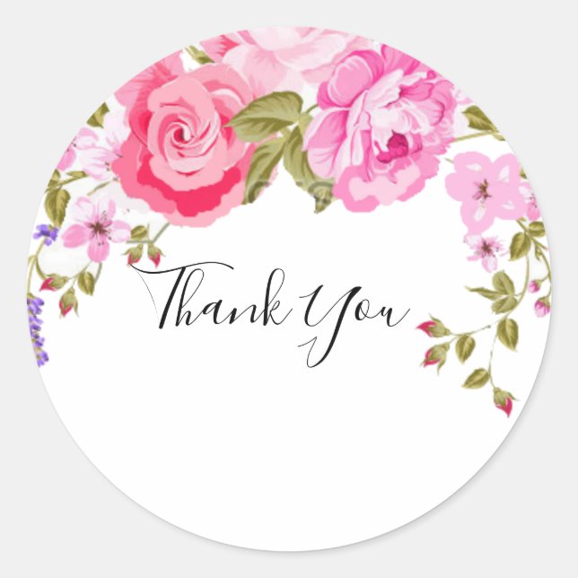 Sticker Rond Remerciements Floraux Rose Élégant (Devant)