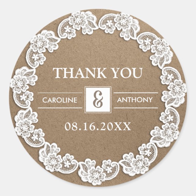 Sticker Rond Remerciements. Mariage papier blanc Lace Kraft (Devant)