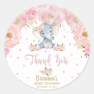 Sticker Rond Remerciements pour Baby Shower éléphant floral ros