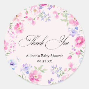 Sticker Rond Remerciements pour Baby Shower Fleurs Rose Pastel