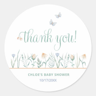 Sticker Rond Remerciements pour Baby Shower Papillon Fleur Sauv