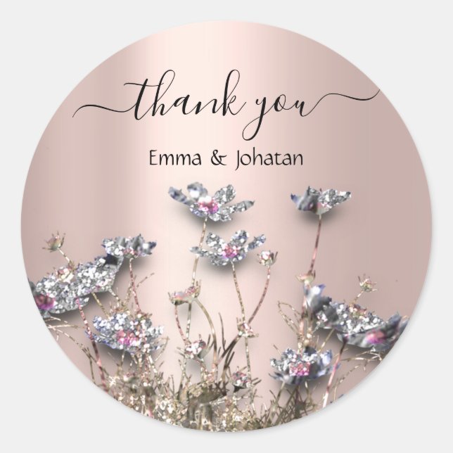 Sticker Rond Remercier Nom Prairie Fleur Rose Or (Devant)