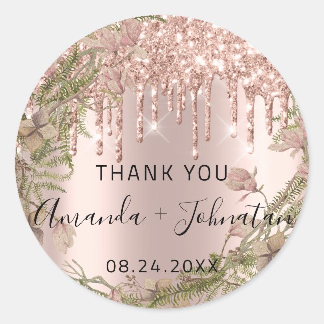Sticker Rond Remerciez Rose Gold Nom Sauvegarder La Date Couron (Devant)