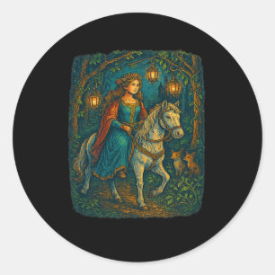 Sticker Rond Ren Faire Médiévale Dame Équitation À Enchan