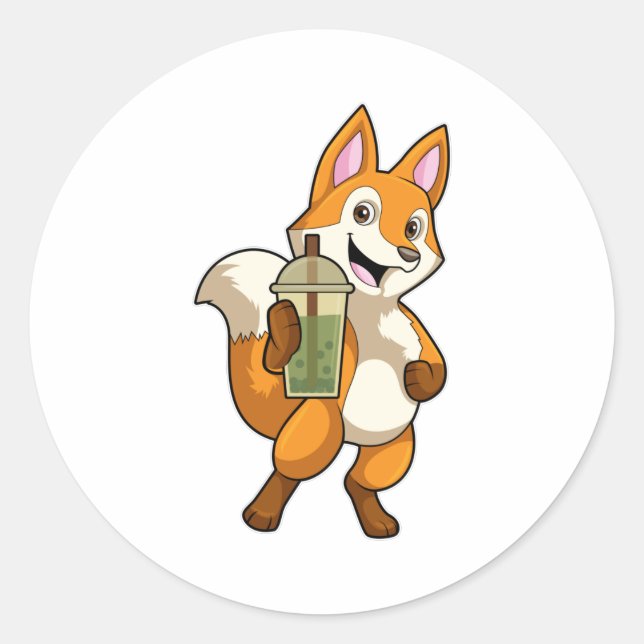 Sticker Rond Renard à boire avec du thé à bulle (Devant)