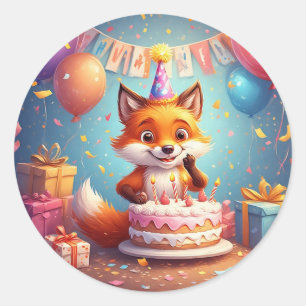 Sticker Rond Renard Adorable Célébrant un Anniversaire Joyeux