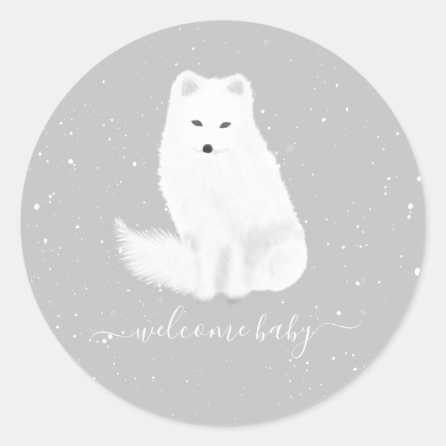 Sticker Rond Renard arctique Baby shower neutre gris neige hive (Devant)
