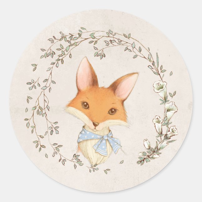 Sticker Rond Renard avec enveloppe bleue de couronne fleurie (Devant)