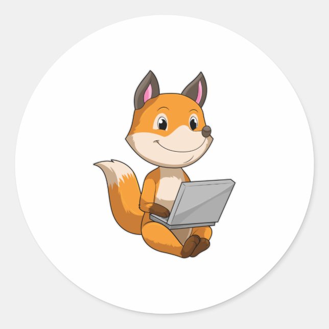 Sticker Rond Renard avec ordinateur portable (Devant)
