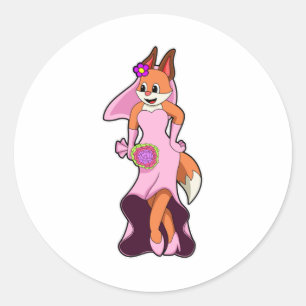 Sticker Rond Renard avec robe Mariage & Bund de Fleur