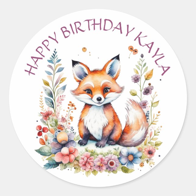 Sticker Rond Renard bébé en fleurs Joyeux anniversaire Personna (Devant)