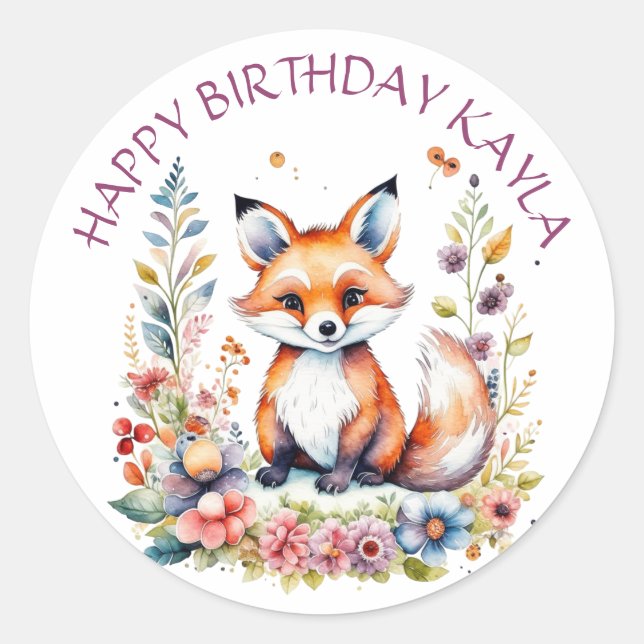 Sticker Rond Renard bébé en fleurs Joyeux anniversaire Personna (Devant)