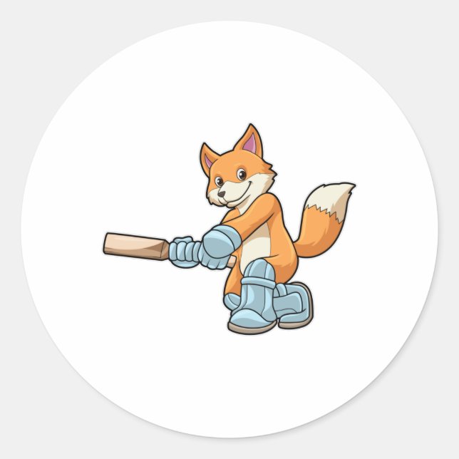 Sticker Rond Renard comme batteur avec chauve-souris de cricket (Devant)