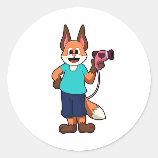 Sticker Rond Renard comme coiffeur avec sèche-cheveux (Devant)