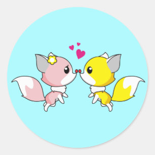 Sticker Rond Renard Couple Kissing avec Petit Coeur Overhead