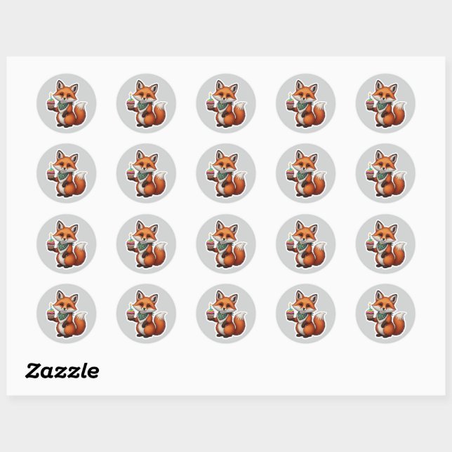 Sticker Rond Renard d'anniversaire avec Cupcake (Feuille)