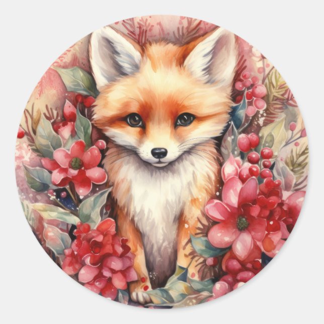 Sticker Rond Renard de bébé à Noël mignonne (Devant)