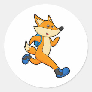 Sticker Rond Renard en course avec sac à dos