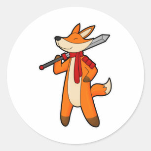 Sticker Rond Renard en guerrier avec épée et écharpe
