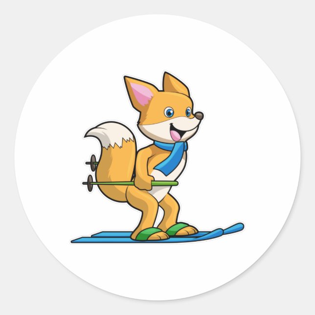Sticker Rond Renard en ski avec des pôles de ski (Devant)