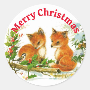 Sticker Rond Renard mignon et poulet à Noël de neige