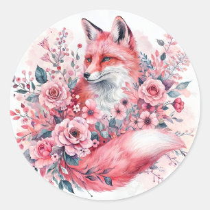 Sticker Rond Renard rose Floral Aquarelle Art