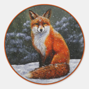Sticker Rond Renard rouge mignon en neige hivernale