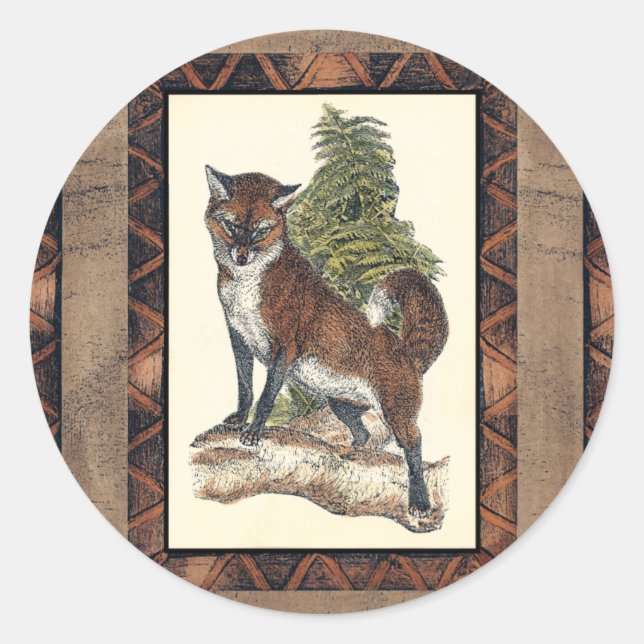 Sticker Rond Renard rustique sur un tronc d'arbre (Devant)
