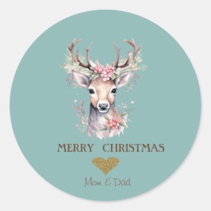Sticker Rond Renne aquarelle adorable baie de houx, coeur
