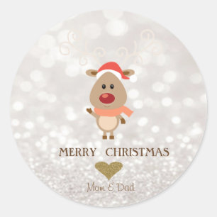 Sticker Rond Renne de dessin animé adorable,Chapeau de Père Noë