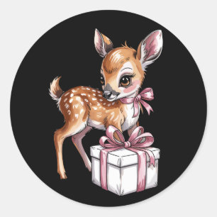 Sticker Rond Renne de Noël Bébé Rose Rétro Vintage 