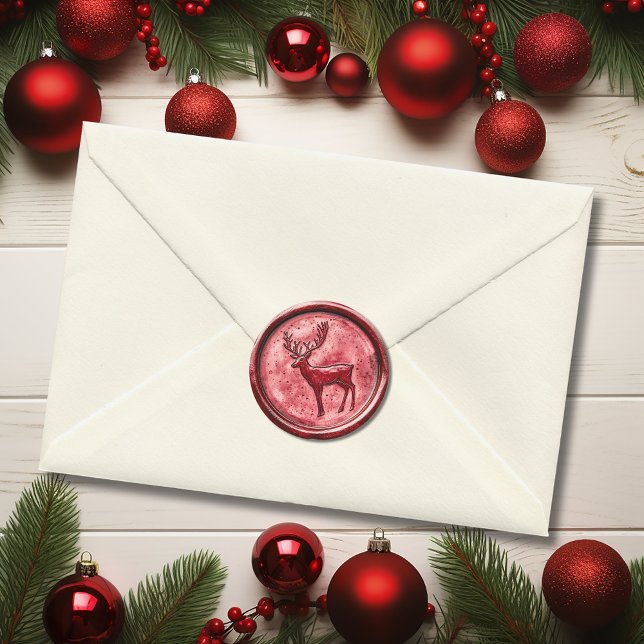 Sticker Rond Renne de Noël Rouge Cire Fausse (Christmas Reindeer Red Faux Wax Classic Round Sticker)