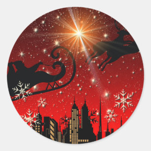 Sticker Rond Renne du père noël et voler de Sleigh