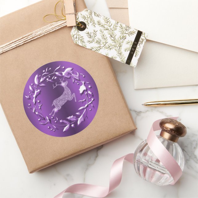 Sticker Rond Renne violet et diamant, Couronne de Noël (Cadeaux)