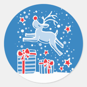 Sticker Rond Rennes de Noël sautant sur l'autocollant cadeaux