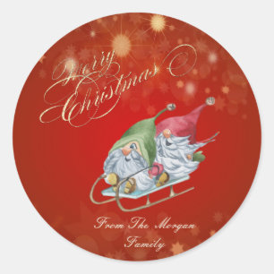 Sticker Rond Rennes de Noël traîneau de lutins mignons