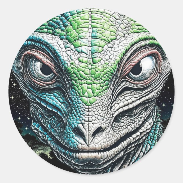 Sticker Rond Reptilian Lizard Homme Alien Extraterrestre En cou (Devant)