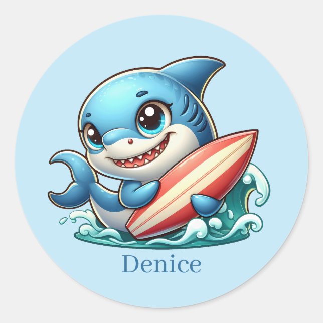 Sticker Rond requin cool surf ajouter le nom Classic Round Stic (Devant)