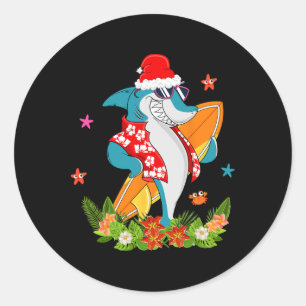 Sticker Rond Requin drôle Hawaïen Été Surfant Requin Noël