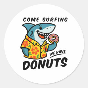 Sticker Rond Requin Hawaïen Avec Beignet Funny Surf 