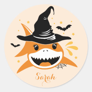 Sticker Rond Requin mignon Halloween sorcière Nom personnalisé