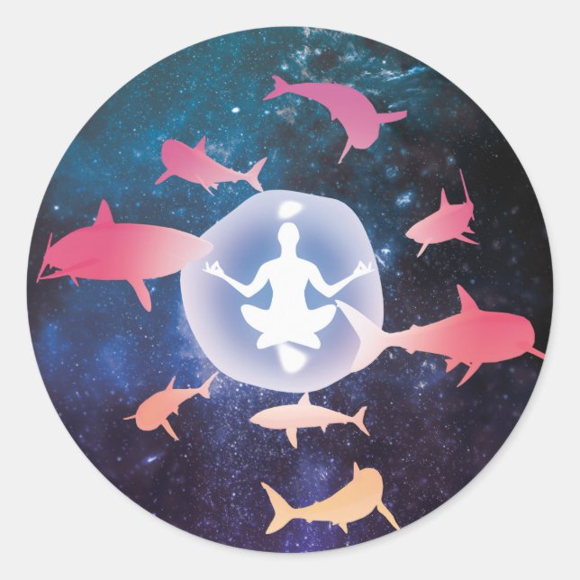Sticker Rond Requins spatiaux et art de la méditation (Devant)