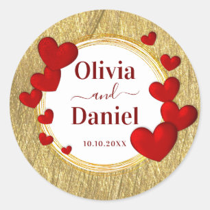 Sticker Rond Réservez la Date, Cœurs Rouges de Mariage Personna